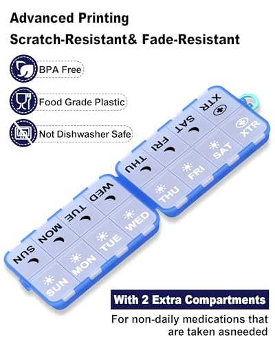 Image of Pill Organizer Travel Medicine Organizer - Weekly Pill Organizer with 2 Extra Compartments, Clear Printed Labels, AM PM Pill Dispenser