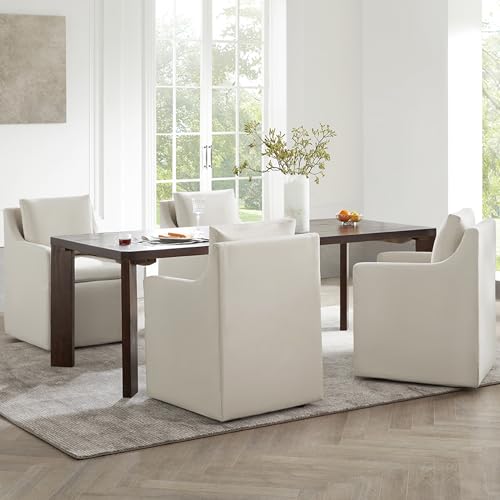 Image of KISLOT Upholstered Dining Chairs with Casters Modern Side Armchair with Rollers for Diningroom Bedroom Livingroom Reading Room, Flax Beige, 4 Box