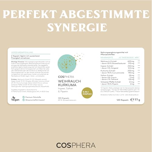 Weihrauchkapseln hochdosiert - Kurkuma, Piperin, Ingwer & Safran - Veganer 5-in-1-Komplex mit Boswellia Serrata (85% Boswelliasäuren) - 120 Kapseln für 2 Monate - COSPHERA