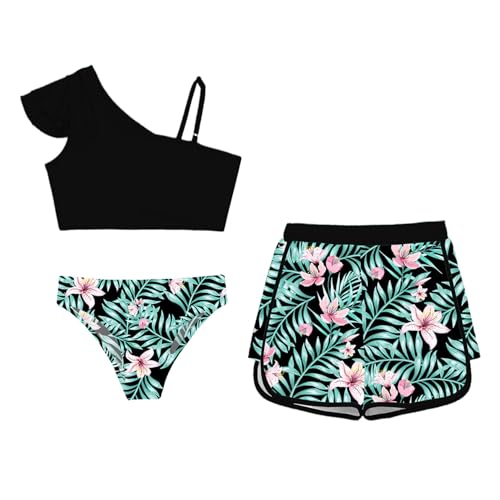 Girls Tankini Sets One Straps Ruffles Bikini Crop Top with Brief Hawaii Shorts Bathing Suits3