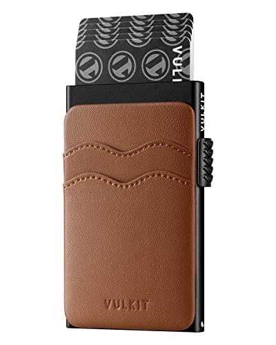 Image of VULKIT Credit Card Holder Minimalist Slim Pop Up Wallet with Leather Slots RFID Blocking for Men and Women Holds 7 Cards and Notes Brown