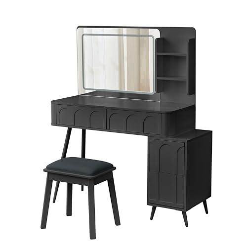 Image of JIVOIT Modern Makeup Vanity Desk with Mirror, Dressing Table Set with Stool, Unique Fluted Waveform Panels, Space-Saving Vanity Set with 4 Drawer, Strong Metal Legs, Easy Assembly (Black / /3)