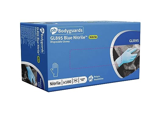 Bodyguard GL8952 Powder Free Nitrile Disposable Glove, Blue, Medium, Pack of 100