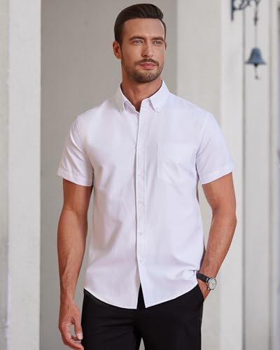Alimens & Gentle Mens White Button Down Shirt Short Sleeve Oxford Solid Wrinkle Free Business Casual Dress Shirts, Medium - Image 2