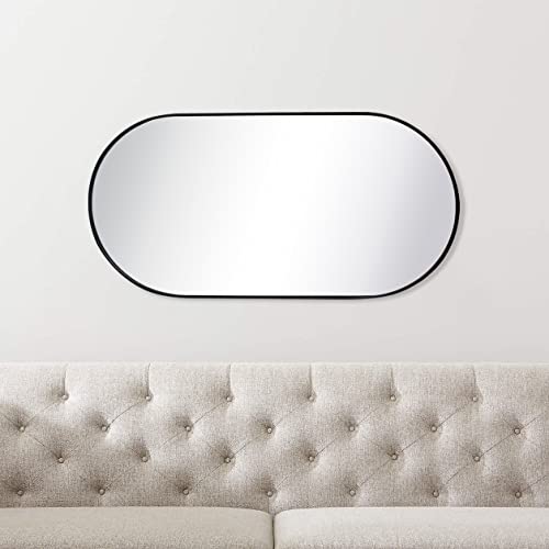 Image of TEHOME Black Oval Bathroom Mirror 20x40'' Pill Shaped Oblong Vanity Mirror Metal Framed Capsule Mirror for Wall in Stainless Steel Rounded Rectangular Mirrors for Wall Mounted