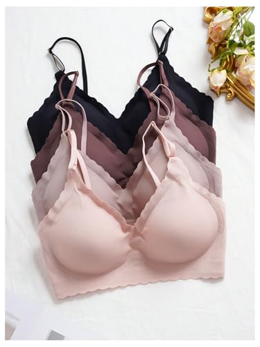 Women's 4 Sets Seamless Lingerie Set Scallop Trim V Neck Padded Bra and Panty4