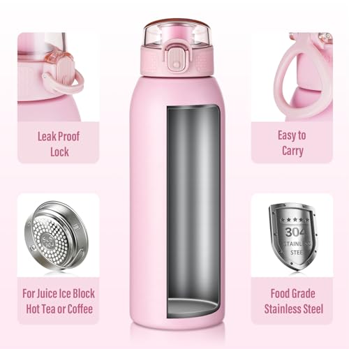 Image of Insulated Water Bottle 18 oz with Dustproof Lid, Carry Handle & Tea Infuser, BPA-Free & Leakproof, Stainless Steel Water Bottles Ideal for Fitness, Hiking, Office & Outdoor Use (Water Pink)
