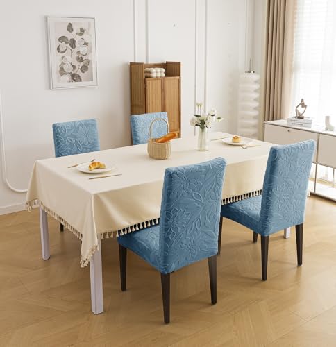 Image of House of Quirk Stretchy Universal Camellia Jacquard Waterproof Chair Cover Removable & Washable Short Dining Chair Cover Protector Seat Slipcover (Light Blue,Pack of 8)