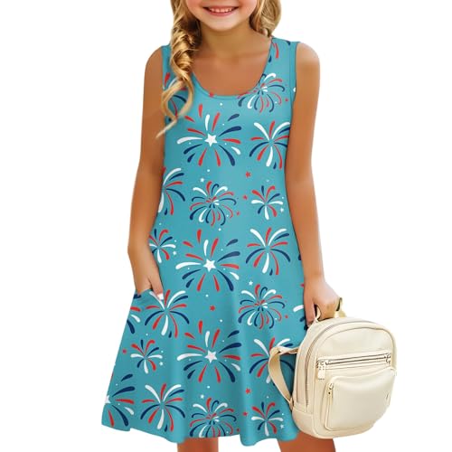 Girls' Sleeveless Patriotic Dress American Flag Red White Blue Summer Casual Sundress with Pockets, 3-14 Years