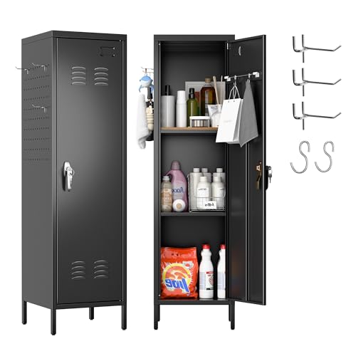 SUPEER Metal Lockers for Employees with Handle,Metal Storage Locker with 2 Pegboard & 5 Hooks for Gym, School, Office,Home,Garage,Black
