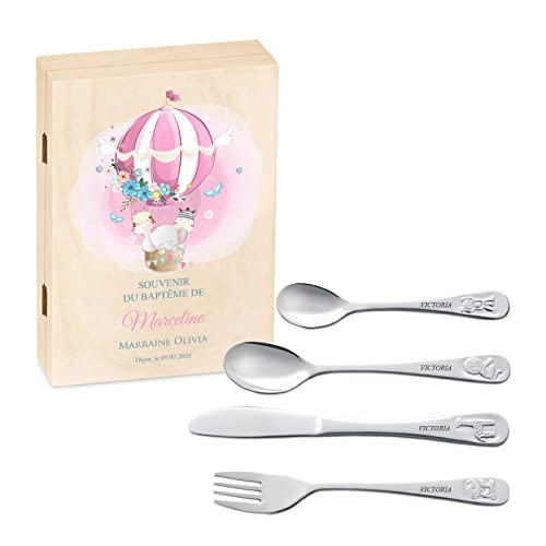 Maverton Set de couverts de table personnalisé dans boîte en bois imprimée - couvert bebe - Thème Animal - Cadeau bapteme fille - Pour filles - Cadeau...