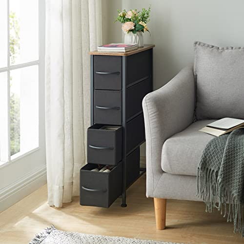 Somdot Narrow Dresser With 4 Drawers, Slim Storage Chest Of Drawers With Removable Fabric Drawers For Closet Small Spaces Bathroom Bedroom Laundry, Black/Rustic Brown #TOP1