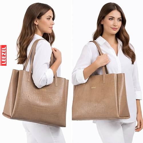 Image of LEEZEL Women's Structured Tote Bag - Large Capacity Work & Travel Purse Croco Pattern Vegan Leather Stylish Tote Bag Classic Everyday Shoulder Bag