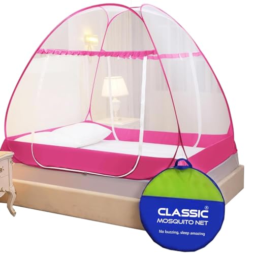 Image of Classic Mosquito Net Premium for King Size Bed | 30 GSM Polyester Fine Mesh | Foldable Pop Up Machardani for Double Bed | 360 Mosquito & Insect Protection | Washable & Reusable | Pink