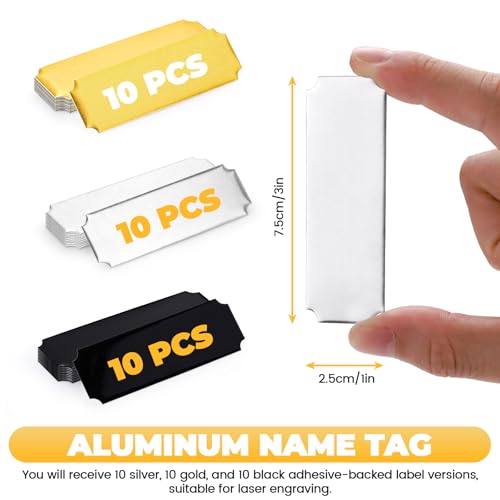 Modixun 30 Stück Namensschilder mit selbstklebender Rückseite, blanko, lasergraviert, personalisierbar, Trophäenschild (Gold + Silber + Schwarz)