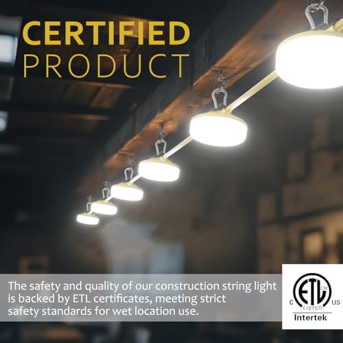 Image of LED Construction String Lights 100FT, 10000 LM, 5000K Daylight LED String Work Lights, 100W Temporary Lighting for Job Site Outdoor Indoor, IP65 Waterproof Temporary Construction Lights, ETL Listed
