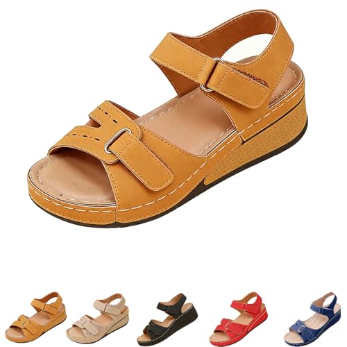 2025 Faux Leather Orthopedic Walking Platform Sandals, Strappy Arch Support Flat Wedge Sandals,Women Stylish Wedge Sandal (brown