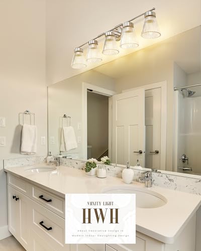 Image of Brushed Nickel Bathroom Vanity Light, HWH 5-Light Bathroom Light Fixtures Modern Wall Vanity Lamp for Bathroom Over Mirror, Clear Striped Glass Shade, 5HZG97B-5W BN