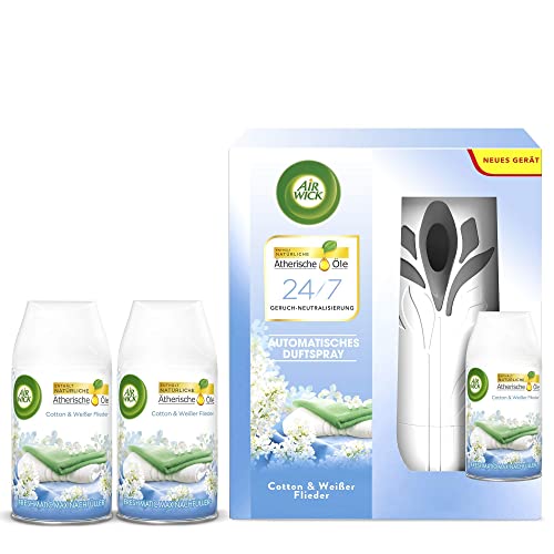 Air Wick Freshmatic Max – Vorteilspack mit Gerät und 3 Nachfüllern – Batteriebetrieben – Duft: Cotton & Weißer Flieder – 3 x 250 ml Nachfüller + Gerät in Weiß