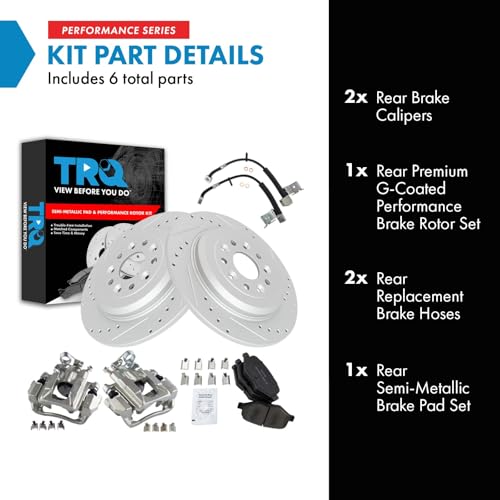 Image of TRQ Performance Rear Brake Pad and Rotor Set Semi Metallic Slotted Drilled Calipers Hoses Compatible with 2011 Ford Explorer