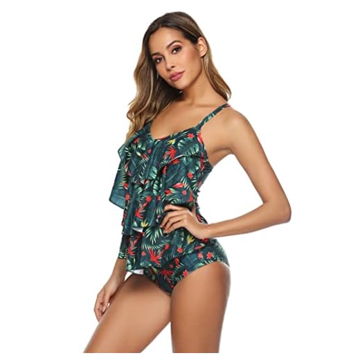 Wayleb Tankinis Traje de Baño Mujer Dos Piezas Flores Impresión Top con de Volantes Short Conjuntode Bañador Mujer Tallas Grandes,B-Flor Verde+S