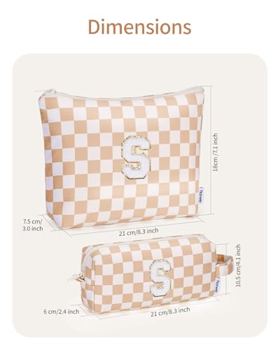 Narwey Checkered 2 Piece Personalized Initial Makeup Bag Cosmetic Bags, 6 8 10 11 12 13 14 16 18 Years Old Birthday Gifts for Women Teen Girl Gifts Trendy Stuff, Travel Toiletry Bag (Brown Letter S)2