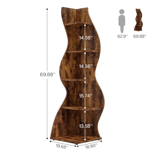 Image of Tribesigns Corner Shelf, Rustic 5-Tier Wall Corner Bookshelf, Stylish Corner Small Bookcase Storage Rack Plant Stand with Unique Shape for Living Room, Home Office (2PCS, Brown)