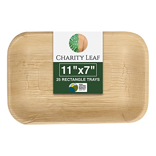 Charity Leaf Eco-Friendly Palm Leaf Trays - 11'x7' (25-Pack) | Bamboo-Style, Disposable Serving...
