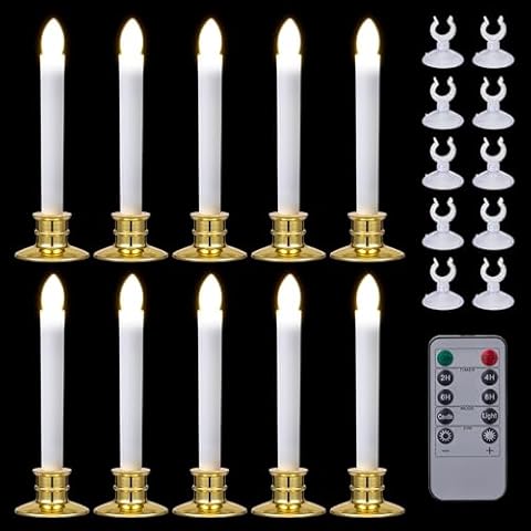 Sunolga 10 Pack Flameless Taper Candles with Remote and Suction Cups, LED Light Window Candles with Removable Gold Candle Holders for Home Decor, Christmas, Halloween, Party and Wedding Decorations Cover
