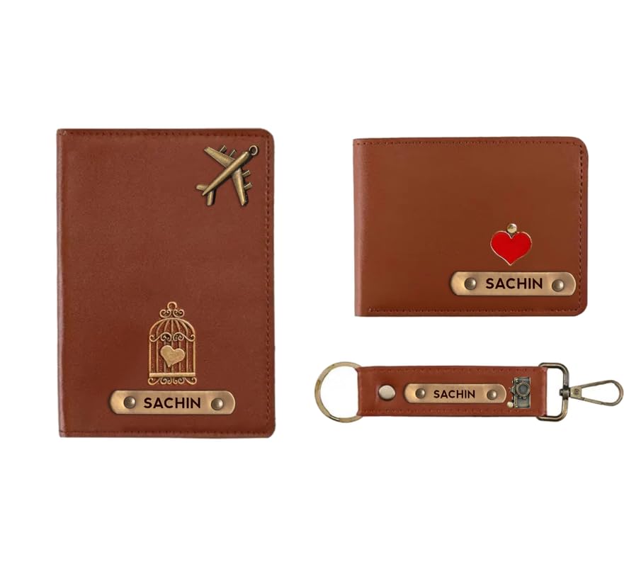 the unique gift studio Customized Gift Passport Cover Gifts for Men Personalized Name Wallet Combo with Key Chain Charm Mens Leather Wallet+Passport+Keychain Birthday Gift Set (Tan - 2)-picture-25