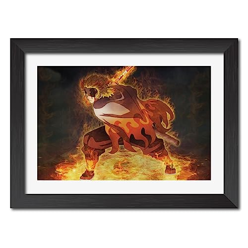 Image of TenorArts Kyojuro Rengoku Poster Demon Slayer Anime Laminated Posters Framed Paintings with Matt Finish Black Frame (12inches x 9inches)