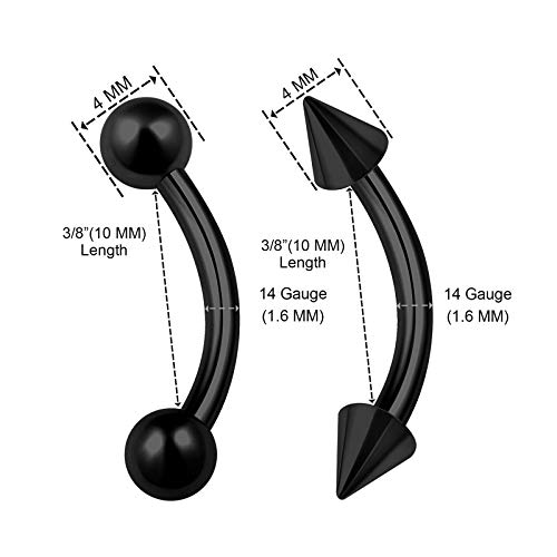 4PCS Stainless Steel Black Curved Barbell Bar 14 Gauge 4mm Ball Spike Nose Earrings Eyebrow Piercing Jewelry See More Sizes (4pcs 10mm bar)2