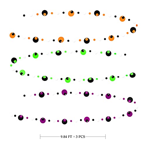 Halloween Eyeballs Garland Decorations Orange Purple Black Green Neon Paper Bunting Banner Streamers Black Light Circle Dots Hanging Decorations For Halloween All Hallows Eve Birthday Party Supplies #TOP1