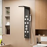 Wilitto Sistema de torre de panel de ducha negro, sistema de paneles de ducha con cabezal de ducha ajustable y 6 chorros de masaje corporal, ducha de mano suave y similar a la lluvia, color negro
