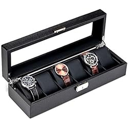 JHYS Caja de Reloj Caja de Reloj, Cajas de Reloj Caja de Reloj de Cuero de Fibra de Carbono Caja de Reloj de 6 celosías de Vidrio con Techo corredizo con Cerradura Caja de presentación para Hombres