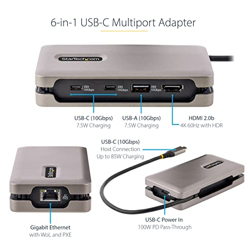 Image of StarTech.com USB-C Docking Station for MacBook Pro M1 M2 M3 M4 and Windows, 4K 60Hz HDMI, HDR, USB 10Gbps Hub, 100W Laptop Charging, GbE, 1ft /30cm Cable | Up to 85W host charging, 2x USB-C 1x USB-A 10Gbps, USB Powered or external adapter, Surface Pro 7, Ultrabook