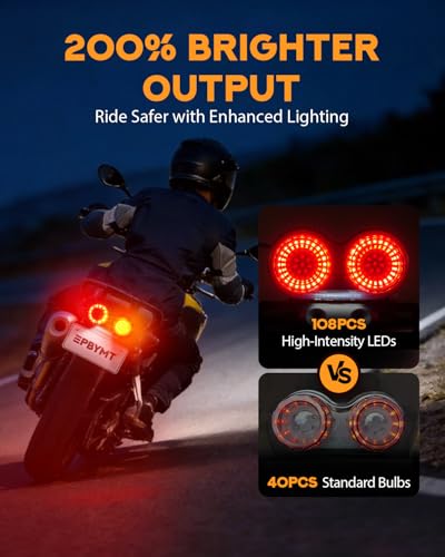 Image of PBYMT Enhanced Motorcycle Tail Light, Break light Running Lights, IP67 Waterproof Turn Signals with License Plate Bracket Compatible with Street Bike Cruiser Chopper Bobber (Smoke, 108 LEDs)