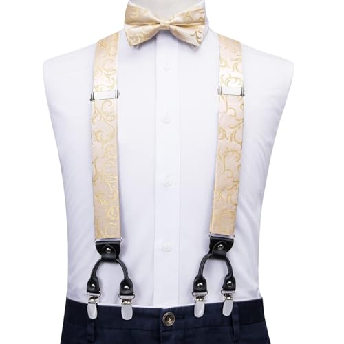 Image of Hi-Tie Men Suspender Bowtie Set Suspenders Pre-tied Bow Tie Pocket Square Cufflinks Adjustable Y Shape 6 Clips Braces Tuxedo