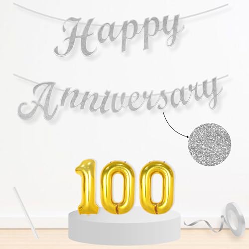 Image of Flyloons 100th Happy Anniversary Banner Silver Decorations Kit for Men Women Wedding Anniversary Banner Items without Balloons