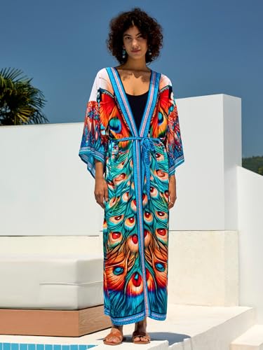 Image of Women's Kimono Cover Up Long Beach Dress Swimsuit Cover Ups Colorful Cardigan Lightweight Robe for Swimwear