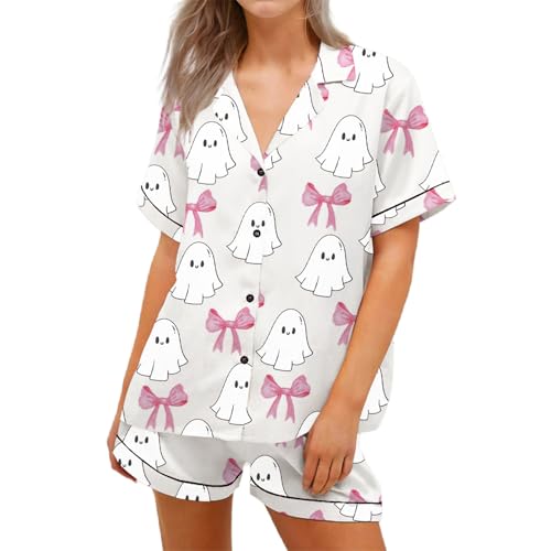 RUIWANBBY Women's Halloween Silk Pajamas Sets Ghost Pumpkin Print Button Up Shirt and Shorts Sleepwear 2 Piece Satin Pjs Sets (Lvory, S)