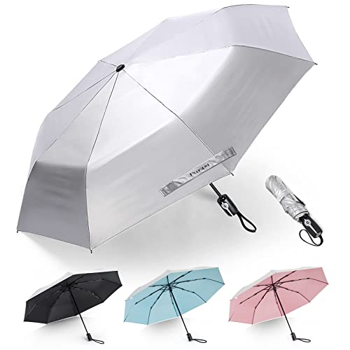 Prospo UPF 50+ UV Protection Umbrella for Sun & Rain, Large Compact Travel Umbrella Windproof, 46 Inch Auto Open Close Sun Blocking for Women Men(Silver/Lake Blue)