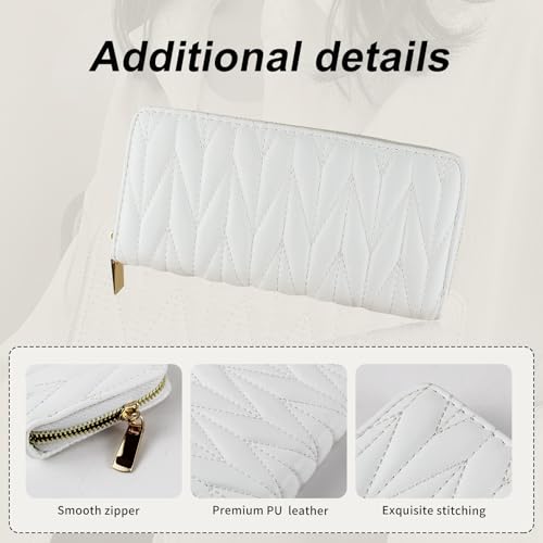 Women Wallet, PU Lightweight Large Capacity Long Wallet, Quilted Ladies Clutch Wallets for Work Gathering Travel (White)3