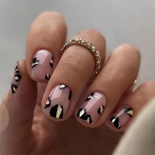 Pink and Black Press On Nails, Short and Round nails with Black and Yellow Spots Design,Detachable Acrylic Nails and Suitable for Women and Girl's Nail Art, 24 PCS
