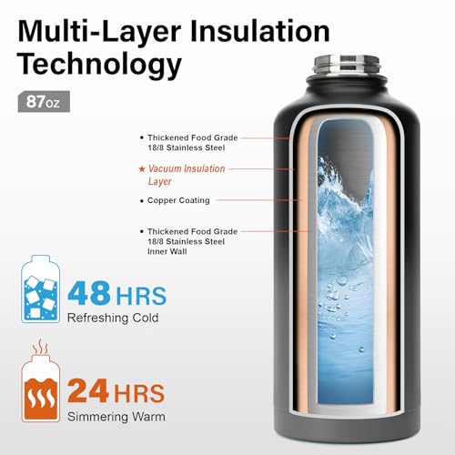 Insulated Water Bottle | Thickened Stainless Steel for Gym and Hiking with Straw, Carrier Bag, Handle Strap | BPA-Free 87 oz