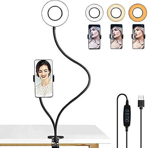 LEDGLE Clip On Desk Lamp Led Ring Light with Phone Holder, 3-Colors Dimmable and Stepless Dimming, Amber Eye-Care Light, for Tiktok YouTube Video Makeup Photography Live Streaming Cover