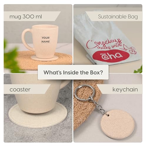 Image of Eha Earth Friendly Customised Coffee Mug, Coaster with Bag 300 ml, Set of 1 | Made with Rice Husk Biocomposite | Personalized Gifts for Friends and Family | Sand Castle