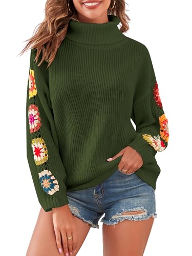 Image of ZAFUL Flower Crochet Turtleneck Sweater for Women Pullover Puff Long Sleeve Boho Knit Sweaters Trendy Knitwear Tops