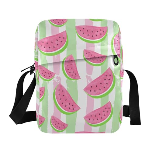 VIGTRO Small Crossbody Bag for Women Men, Pink Watermelon Slices Messenger Bag Purse with Adjustable Strap, Pink Green Stripes Small Shoulder Bag for Travel Outdoor Sports