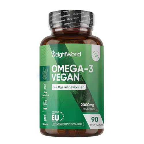 Omega 3 Vegan - 90 Weich-Kapseln - 2000 mg Omega 3 Algenöl liefern 600 mg DHA & 300 mg EPA pro Portion - EPA & DHA tragen zur normalen Herzfunktion bei (EFSA) - WeightWorld